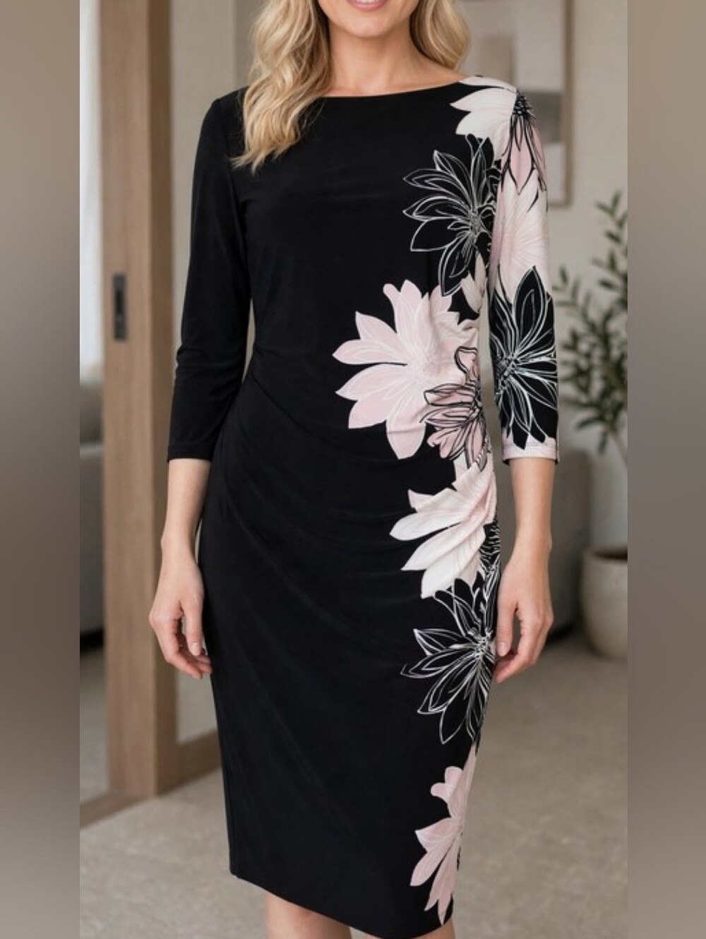 New CHAPS Spring Black/Pink/White Jersey Stretch Ruched Dress Women's XL